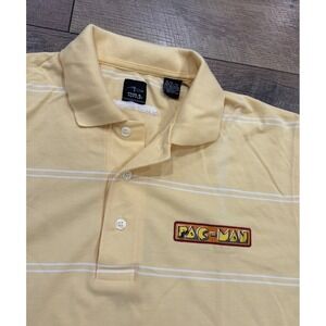 Vintage 90s Pacman Namco Video Game Promo Employee Striped Polo Shirt Yellow XL